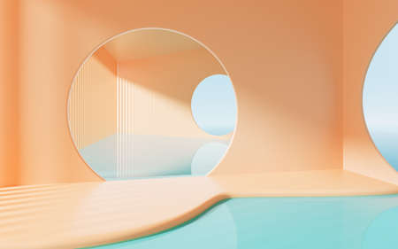 Orange curved architecture with water surface background, 3d rendering. Computer digital drawing.の写真素材