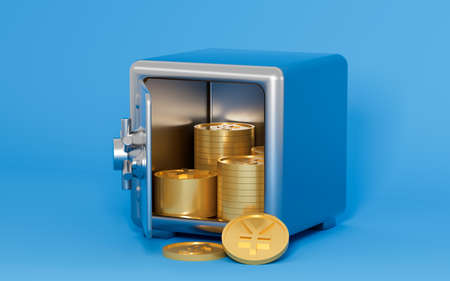 Gold coins in the safe box, 3d rendering. Computer digital drawing.の写真素材