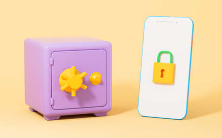 Safe box and mobile phone on the yellow background, 3d rendering. Computer digital drawing.の写真素材