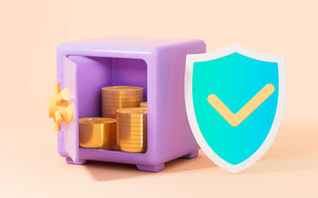 Safe box and shield on the yellow background, 3d rendering. Computer digital drawing.の写真素材