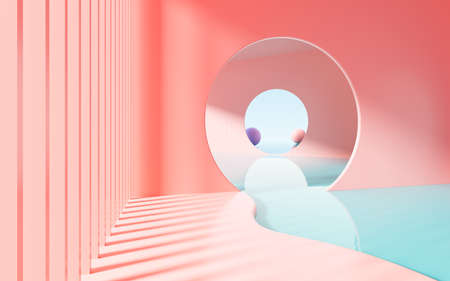 Pink curved architecture with water surface background, 3d rendering. Computer digital drawing.の写真素材