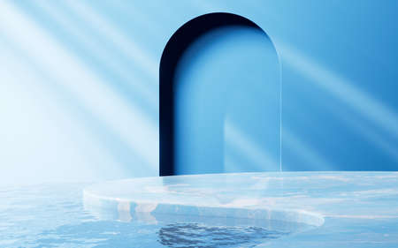 Empty marble stage in the blue room, 3d rendering. Computer digital drawing.の写真素材