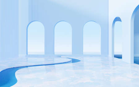Blue arch and curved construction, 3d rendering. Computer digital drawing.の写真素材