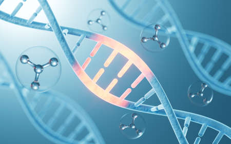 Mutated DNA and molecules, scientific biotechnology, 3d rendering. Computer digital drawing.の写真素材