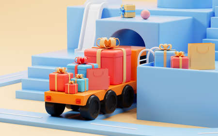 Truck full of the presents roll into the tunnel, logistics and transportation concept, 3d rendering. Computer digital drawing.の写真素材