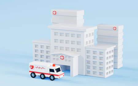 White hospital building and ambulance, 3d rendering. Computer digital drawing.の写真素材