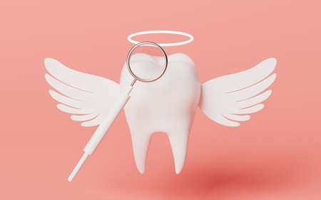 A dental mirror and cartoon angel tooth, 3d rendering. Computer digital drawing.の写真素材