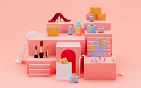 High-heeled shoes and lipsticks, gifts and shopping bags on the pink stage, 3d rendering. Computer digital drawing.の写真素材