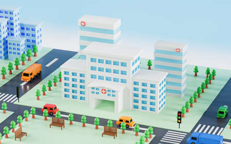 Hospital building and urban roads background, 3d rendering.