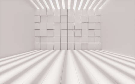 White randomly arranged cubes with empty room, 3d rendering. Computer digital drawing.の写真素材