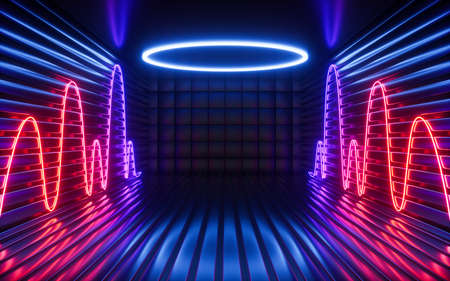 Glowing neon lines and randomly arranged cubes in the dark room, 3d rendering. Computer digital...