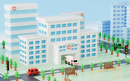 Hospital building and urban roads background, 3d rendering.の写真素材