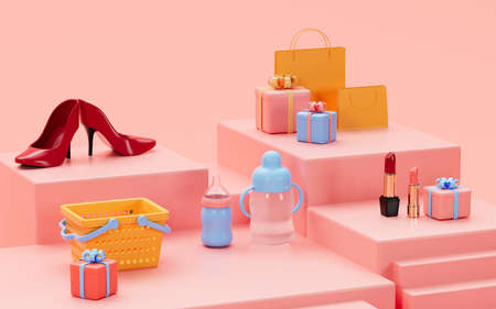 High-heeled shoes and lipsticks, gifts and shopping bags on the pink stage, 3d rendering. Computer digital drawing.の写真素材