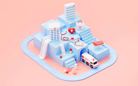 Blue hospital building model and medical apparatus and instruments, 3d rendering. Computer digital drawing.の写真素材