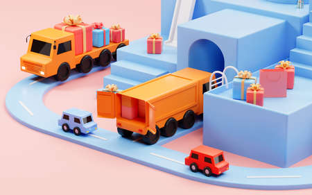 Truck full of the gifts, shopping online, logistics and transportation concept, 3d rendering. Computer digital drawing.の写真素材