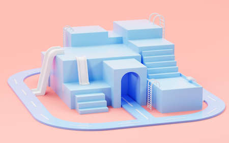 Blue empty stage in the pink background, 3d rendering. Computer digital drawing.の写真素材