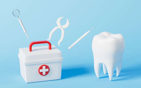 Medicine chest and medical tools recovery tooth, 3d rendering. Computer digital drawing.