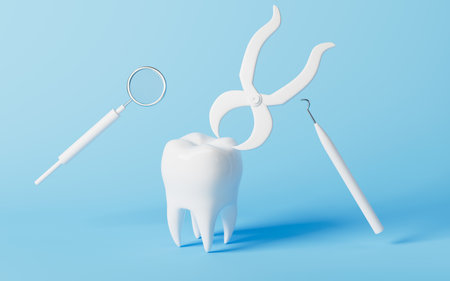 Forceps and medical tools repair the tooth in the blue background, 3d rendering. Computer digital drawing.の写真素材
