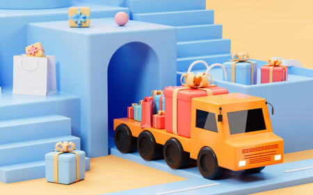 Truck full of the presents roll out of the tunnel, logistics and transportation concept, 3d rendering. Computer digital drawing.の写真素材