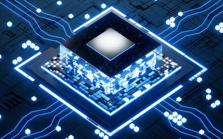 Glowing microchip processor with black circuit board, 3d rendering. Computer digital drawing.の写真素材