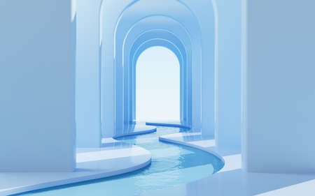 Arch architecture with water background, arch tunnel , geometric construction, 3d rendering. Computer digital drawing.の素材 [FY310190644564]