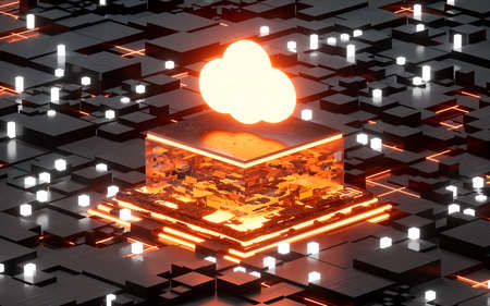 Cloud computing and glowing electronic chips, 3d rendering. Computer digital drawing.