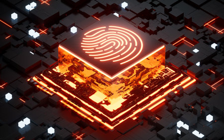 Glowing microchip processor and fingerprint recognition system, 3d rendering. Computer digital drawing.の写真素材