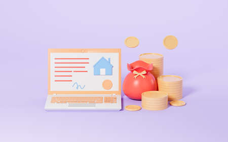 A laptop with house lease, sale, mortgage contract, and coins with purple background, 3d rendering....