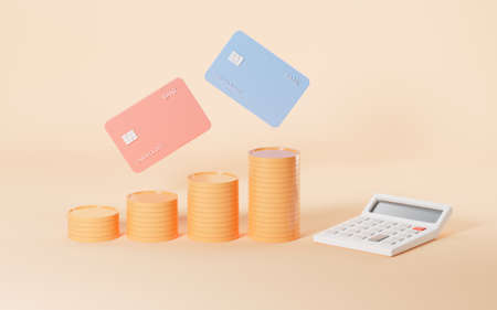 A calculator and bank card with yellow background, 3d rendering. Computer digital drawing.の写真素材