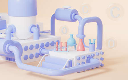 Chemical experimental equipment with yellow background, 3d rendering. Computer digital drawing.