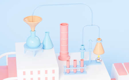 Chemical experimental equipment with blue background, 3d rendering. Computer digital drawing.の写真素材