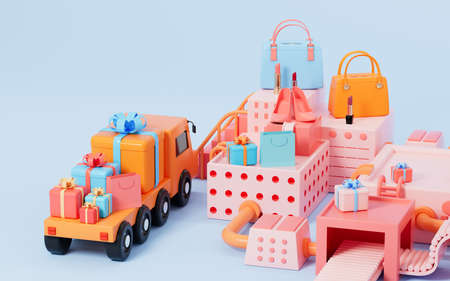 Gifts on the truck and products on the stage, logistics and shopping concept, 3d rendering. Computer digital drawing.の写真素材