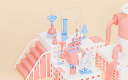 Cartoon lab and experimental equipment with yellow background, 3d rendering. Computer digital drawing.の写真素材