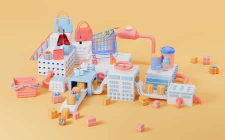 Products on the stage and cardboard boxes on the conveyor with yellow background, 3d rendering....