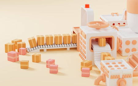 Cardboard boxes on the conveyor and orange assembly line background, 3d rendering. Computer digital drawing.の写真素材