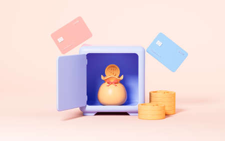Wallet in the opening safe box and bank cards, 3d rendering. Computer digital drawing.の写真素材