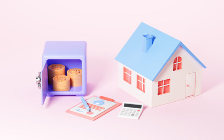 Opening safe box and house with pink background, 3d rendering. Computer digital drawing.の写真素材