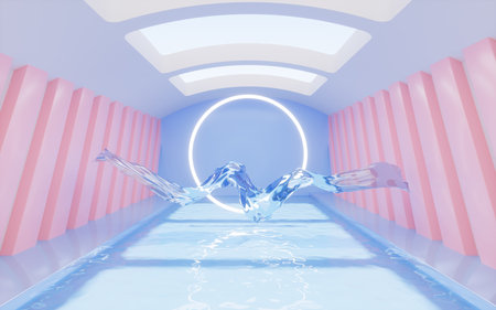 Glowing ring and flowing cloth material with indoor scene, 3d rendering. Computer digital drawing.の写真素材