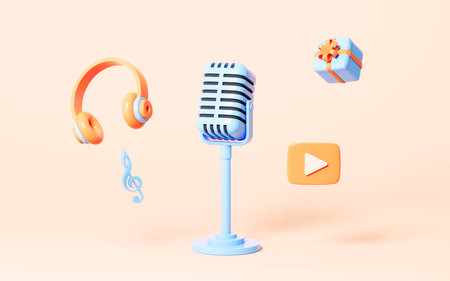 Wireless headsets and microphone on the orange background, 3d rendering. Computer digital drawing.の写真素材