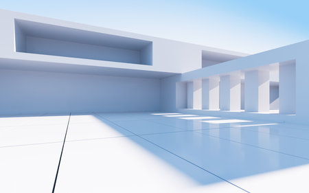 White abstract geometric construction, empty outdoor architecture scene, 3d rendering. Computer digital drawing.の写真素材