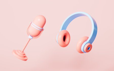 Microphone and earphones on the pink background, 3d rendering. Computer digital drawing.の写真素材