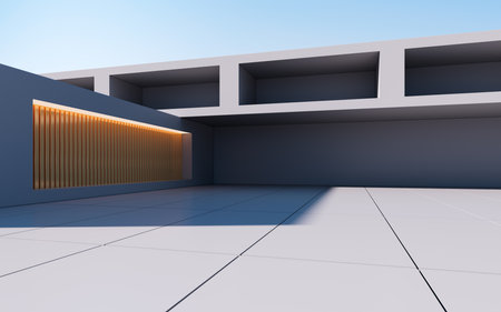 Gray abstract geometric construction, empty outdoor architecture scene, 3d rendering. Computer digital drawing.の写真素材