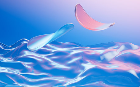 Transparent flowing cloth and abstract geometric figures, 3d rendering. Computer digital drawing.