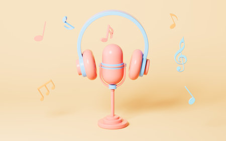 Microphone and earphones on the yellow background, 3d rendering. Computer digital drawing.の写真素材