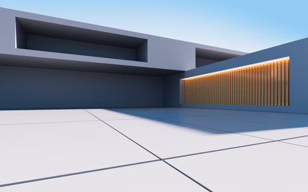 Gray abstract geometric construction, empty outdoor architecture scene, 3d rendering. Computer digital drawing.の写真素材