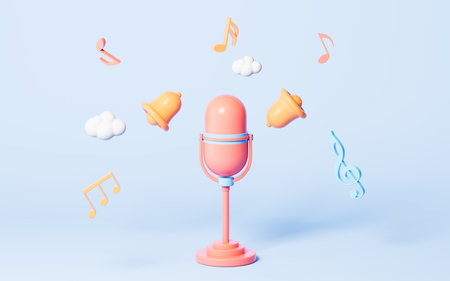 Cartoon microphone and bells on the blue background, 3d rendering. Computer digital drawing.の写真素材