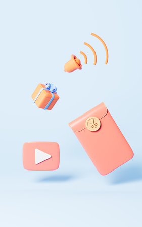 Live streaming and red packet with blue background, 3d rendering. Computer digital drawing.