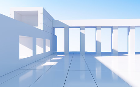 White abstract geometric construction, empty outdoor architecture scene, 3d rendering. Computer digital drawing.の写真素材