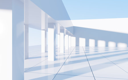 White abstract geometric construction, empty outdoor architecture scene, 3d rendering. Computer digital drawing.の写真素材