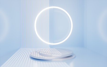 Empty stage and shiny ring with interior architecture, 3d rendering. Computer digital drawing.の写真素材